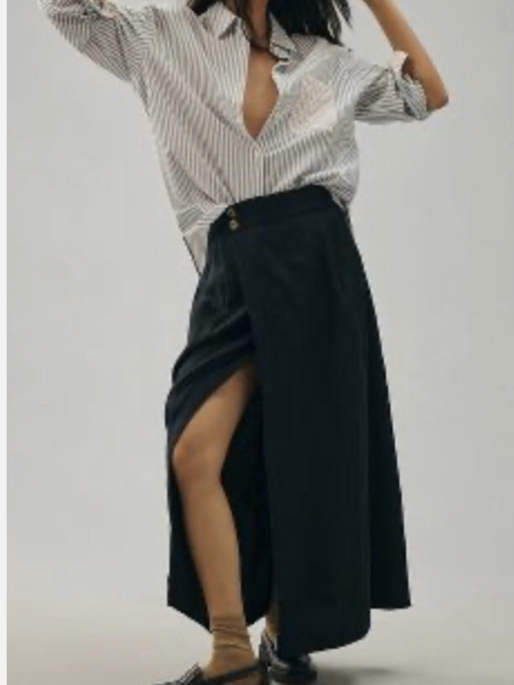 Anthropologie Black Linen Skirt with Front Panel Slit and Button Waist